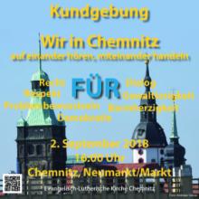 Shilouhette der Türme von Chemnitz mit Text: Kundgebung Wir in Chemnitz